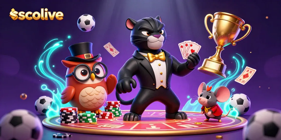 Socolive features an exciting scene with a stylish panther dealing cards, showcasing vibrant gambling elements.