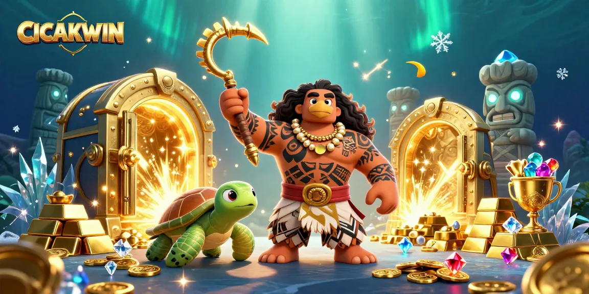 CICAKWIN showcases a dynamic casino-themed scene with vibrant characters and shimmering gold elements enhancing the gaming experience.