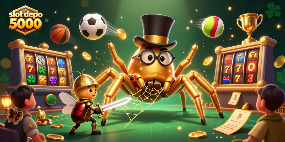 Menyaksikan slot depo 5000 dalam aksi, ratu laba-laba emas memikat di kasino dengan simbol keberuntungan.