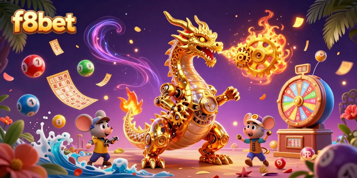 Spin and win at f8bet with a vibrant scene of characters immersed in dynamic casino elements and lottery excitement.