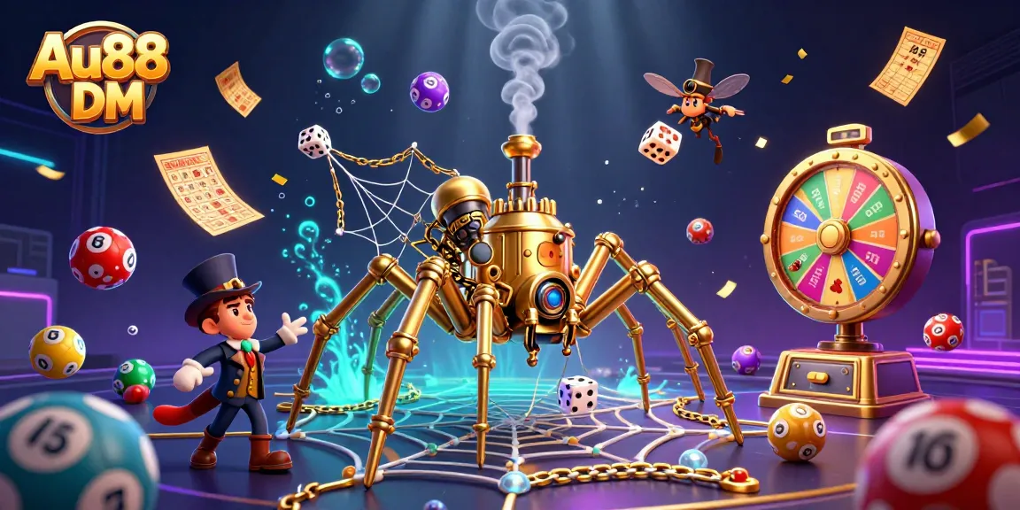 Engage in the excitement of Au88 DM with a dynamic 3D casino illustration of steampunk elements and vibrant games.