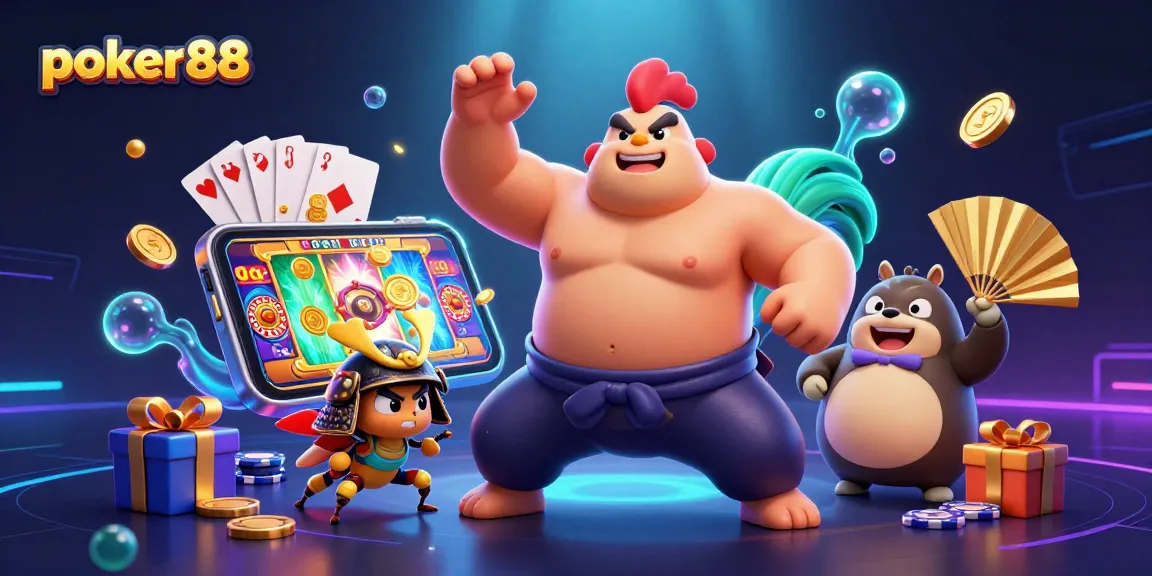 Poker88 menawarkan suasana bermain yang seru dengan ilustrasi unik dari karakter mangkuk permainan dan elemen kasino.
