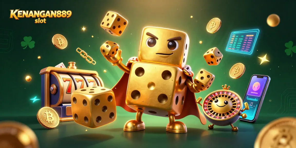 Engage with KENANGAN889 slot in a vibrant 3D casino illustration showcasing dynamic gaming elements.
