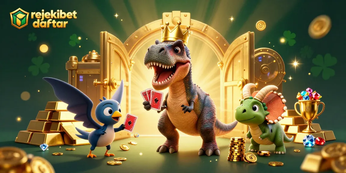 Experience rejekibet daftar with a T-Rex card shuffling and a triceratops stacking golden chips in a vibrant casino scene.