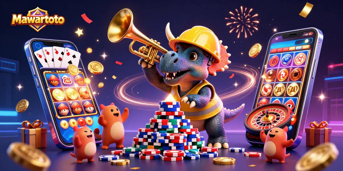 Mawartoto enhances excitement as a triceratops builds poker chip pyramid amid casino festivities.