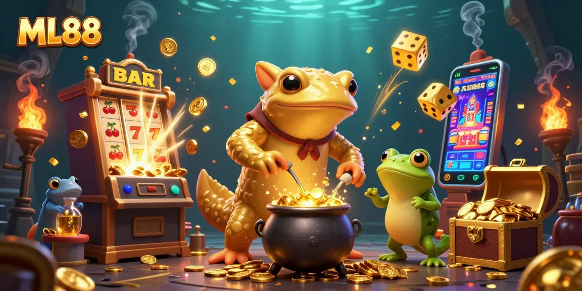 Spin the reels with ML88 at this vibrant casino scene filled with gold coins and jackpot elements.