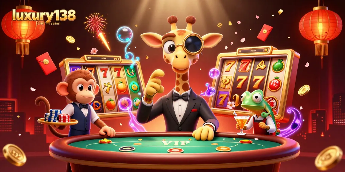 Experience the thrill of luxury138 link resmi with a vibrant casino scene featuring a high-roller giraffe.