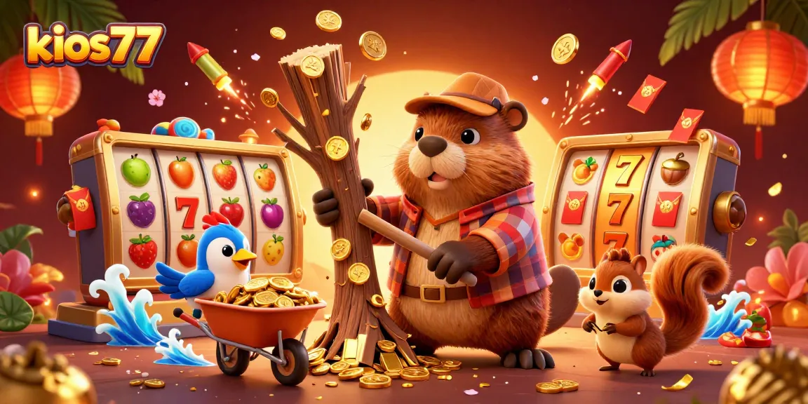 Kios77 promotes a vibrant casino scene with a beaver collecting coins amidst dynamic slot elements.