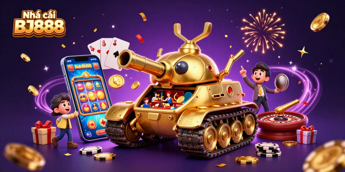 Engaging дессріпция of Nhà cái BJ888's vibrant casino scene with a dynamic 3D golden beetle tank