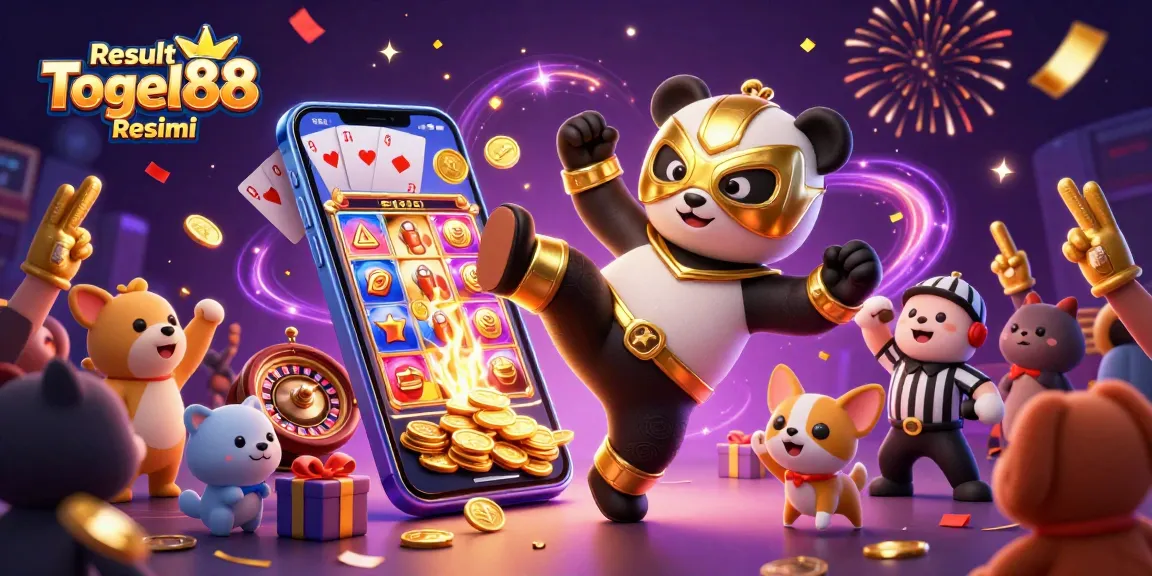 Engage with Result Togel88 Resmi dynamics with a panda wrestler in action surrounded by vibrant casino elements.
