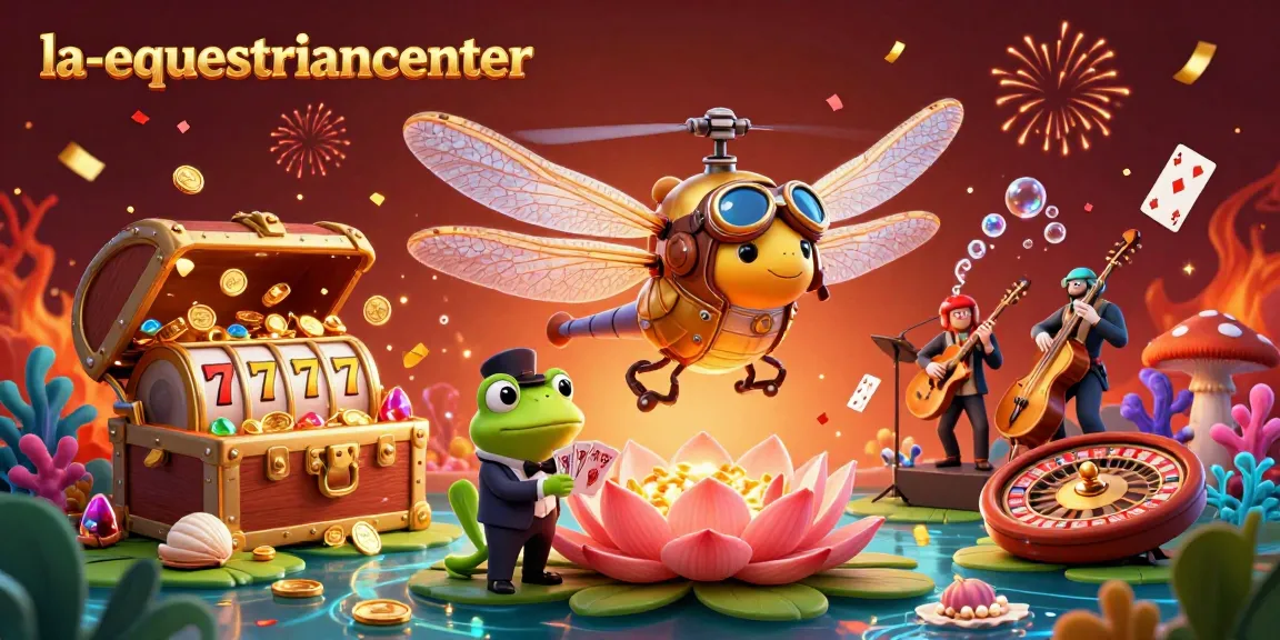 Engage with la-equestriancenter's vibrant gaming scene, featuring a playful dragonfly pilot and frog dealer amidst celebratory casino elements.