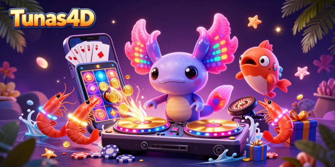 Tunas4D menghadirkan permainan togel online dengan DJ axolotl berwarna neon dan karakter menggemaskan di latar belakang yang penuh warna.