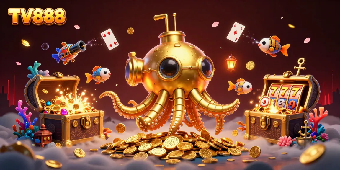 Experience thrilling wins at TV888 with a chaotic underwater treasure scene, featuring vibrant gaming elements.