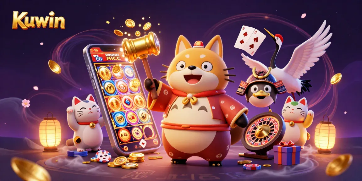 Kuwin promotes luck with a cheerful tanuki character surrounded by vibrant casino elements in a captivating design.