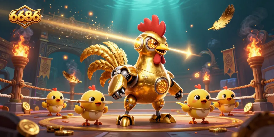 Experience the excitement of 6686 with a golden rooster robot and baby chick drones in an action-packed casino scene.