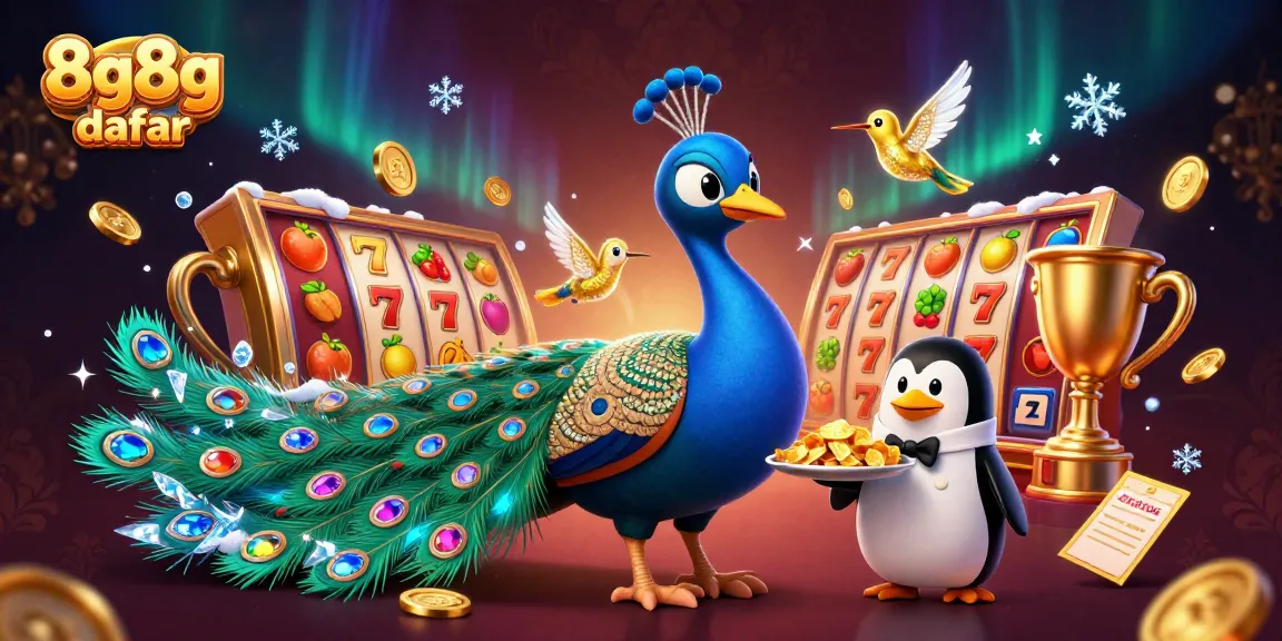 Spin the reels at 8g8g daftar, featuring a peacock and a penguin amidst vibrant casino elements.