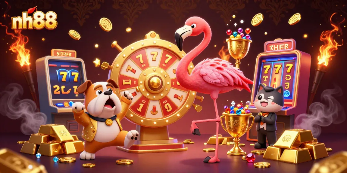 nh88 casino game show scene with flamingo host, bulldog contestant, and golden prizes.
