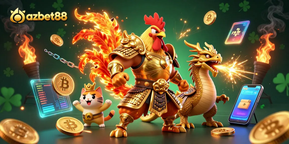Engage with azbet88's thrilling gaming experience through captivating visuals of vibrant characters and cryptocurrency.