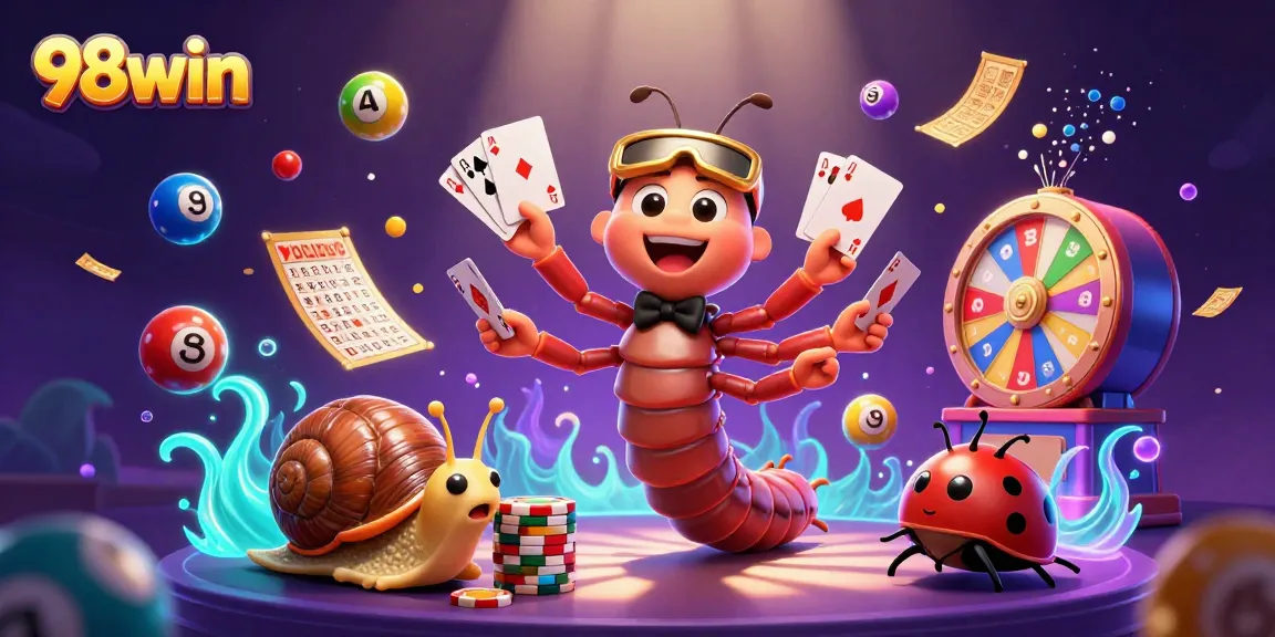 Engage in thrilling gaming experiences at 98win with a cartoon millipede dealer and vibrant casino elements.