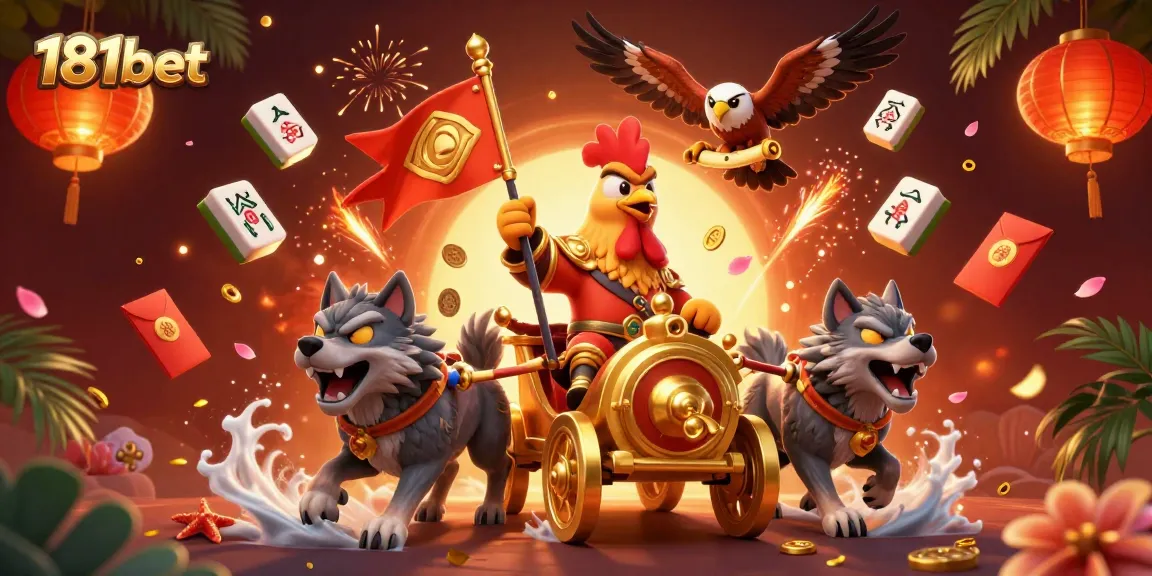 Engage in thrilling gameplay at 181bet, featuring a vibrant 3D illustration of a rooster warlord and warriors.