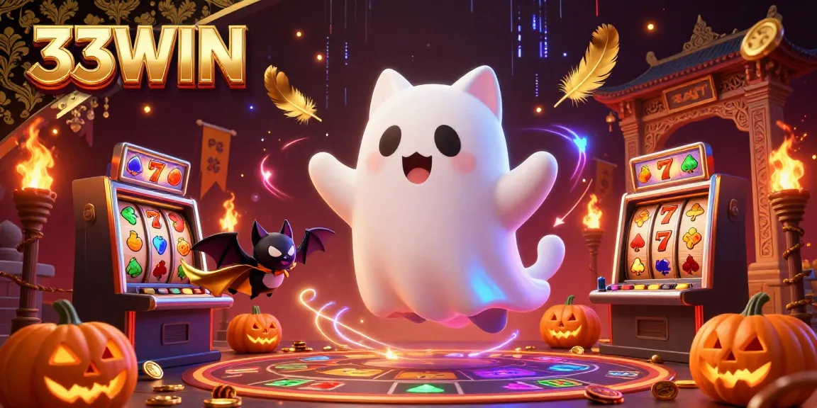 Engage in thrilling casino adventures with 33WIN, featuring a friendly ghost cat and vibrant game elements.