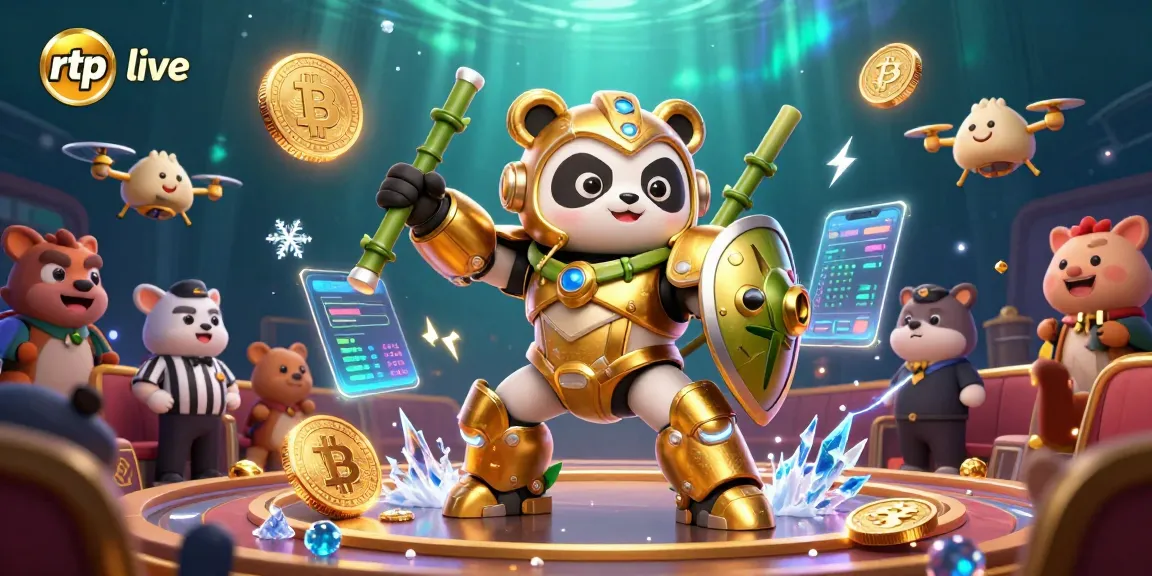 Engage with rtp live gaming excitement illustrated through a golden panda controlling exciting casino elements.
