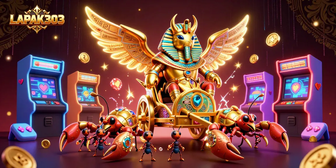 Permainan seru LAPAK303 dengan skarab emas dan scorpion dihiasi, dikelilingi mesin arcade 3D.