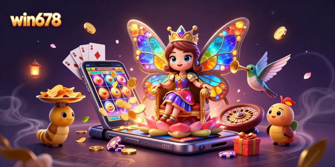 Experience thrilling wins with win678 in this vibrant 3D casino scene featuring a butterfly queen.