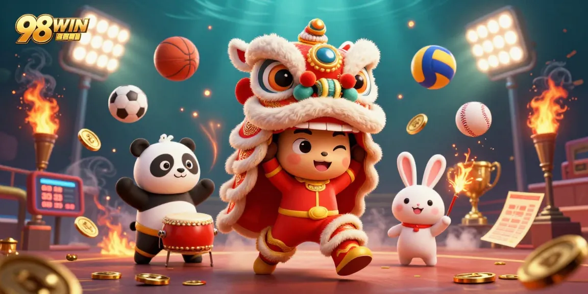 Engage with the exciting energy of 98WIN showcasing a vibrant casino scene animated with a lion dance, panda, and various sports elements.