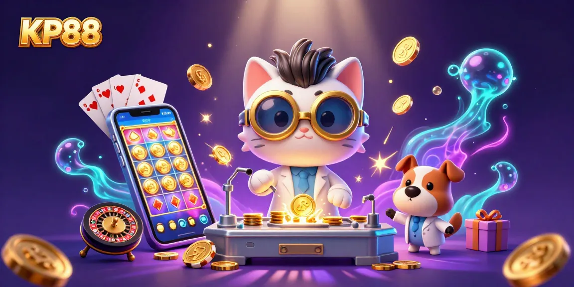 Engage in KP88's vibrant casino scene with colorful slots and dynamic characters in action.