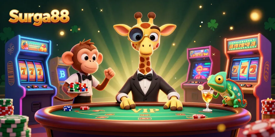Experience Surga88's vibrant online gaming scene with a whimsical giraffe, monkey, and chameleon!