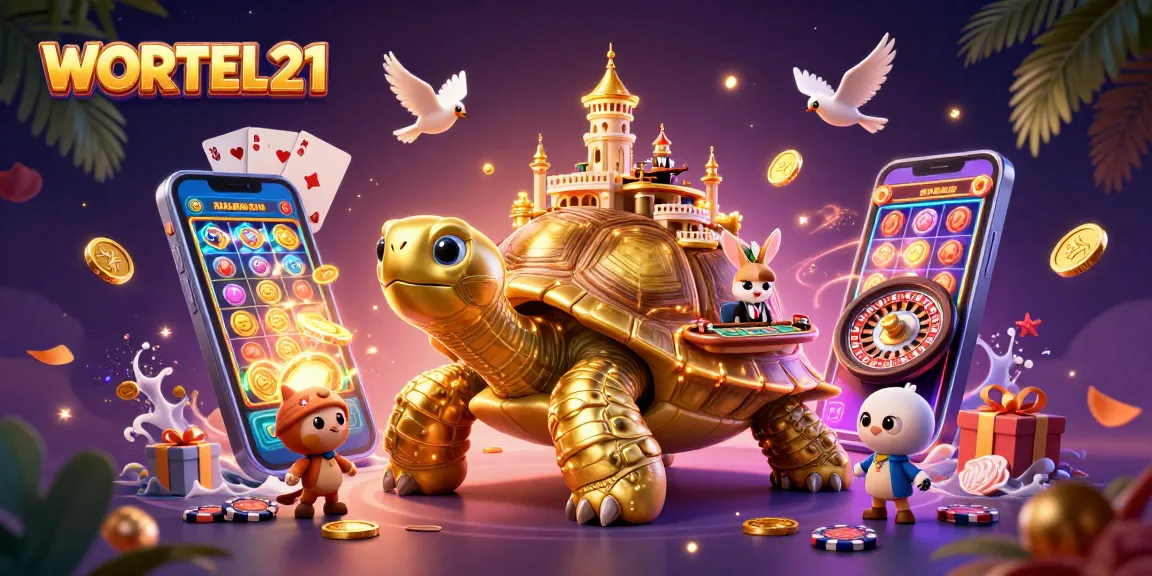 Engage with WORTEL21's vibrant casino scene featuring a lively dealer, golden tortoise, and exciting game elements.