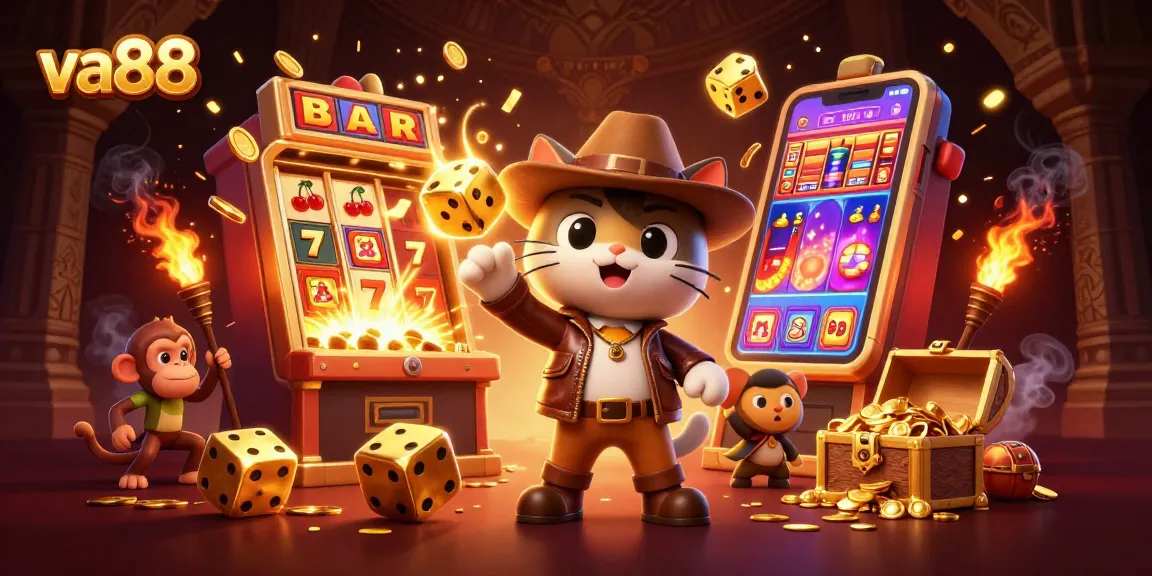 Experience the fun at va88 with an energetic 3D scene featuring characters discovering casino treasures amidst exploding jackpots.