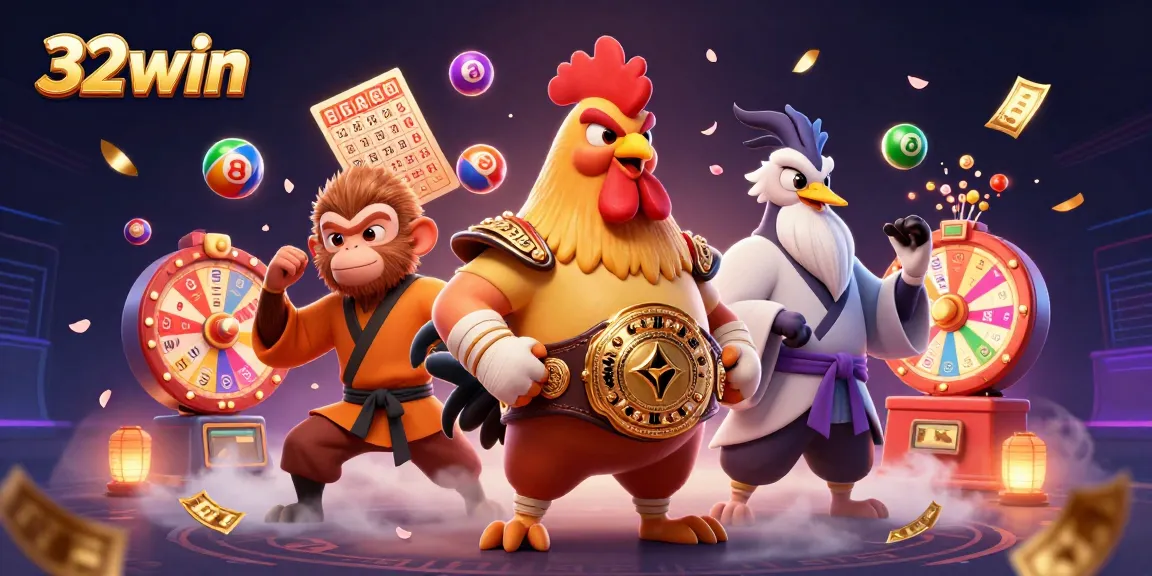 Experience thrilling betting action with 32win's vibrant casino-themed characters and dynamic game elements.
