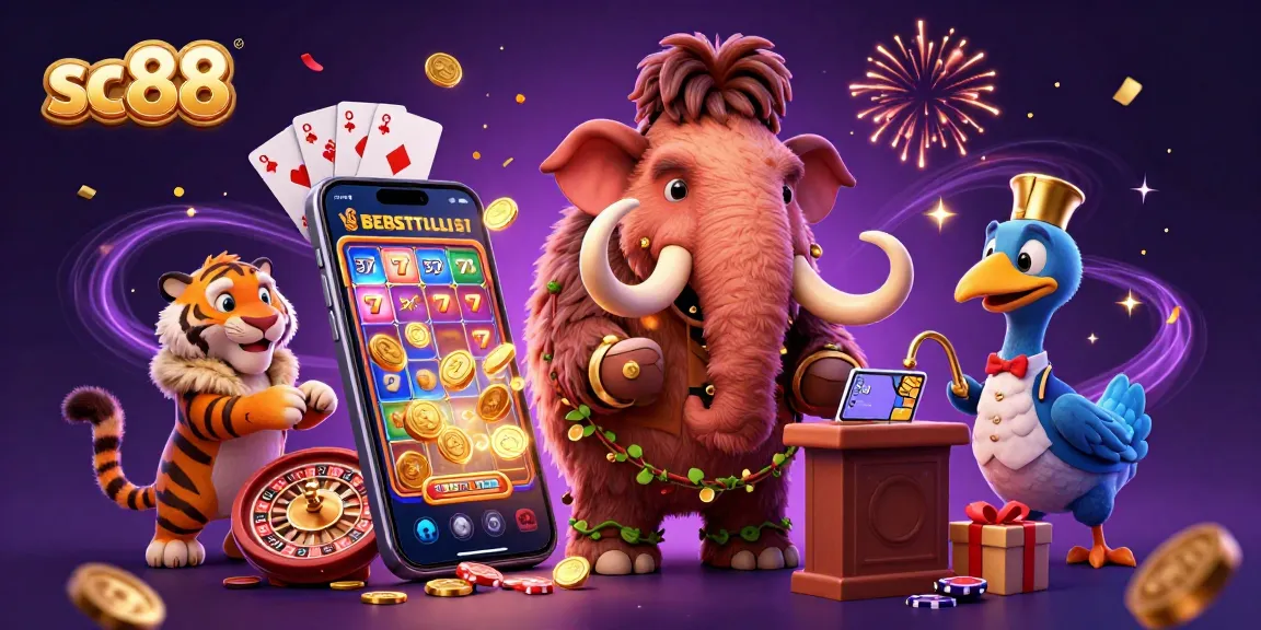 Engage with sc88 by exploring the vibrant casino scene featuring a woolly mammoth bouncer and a saber-tooth tiger.