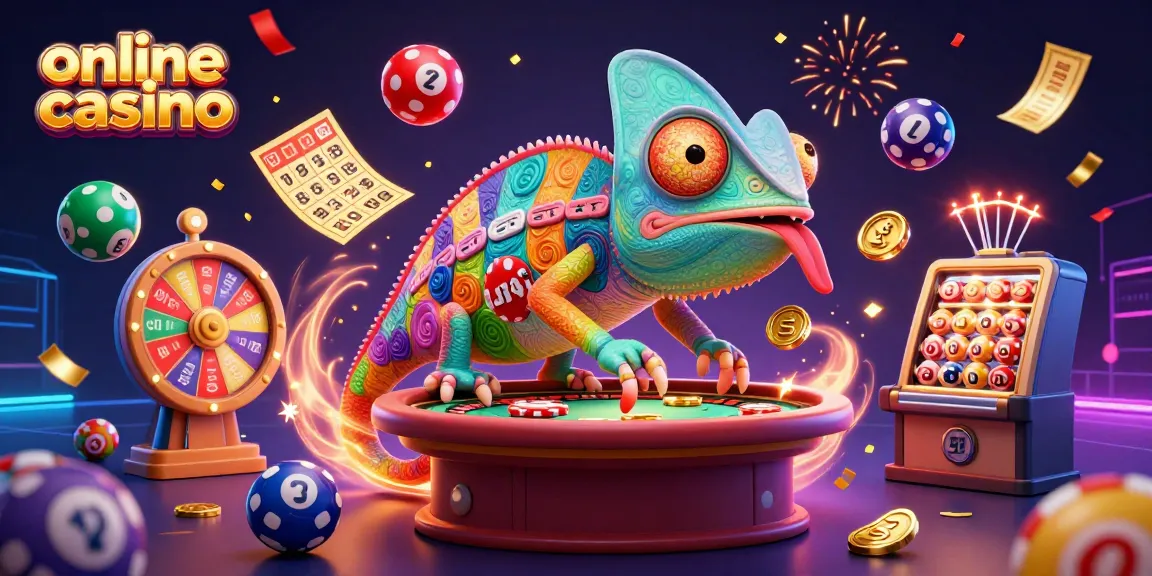 Engage in thrilling games at an online casino featuring a vibrant chameleon character.