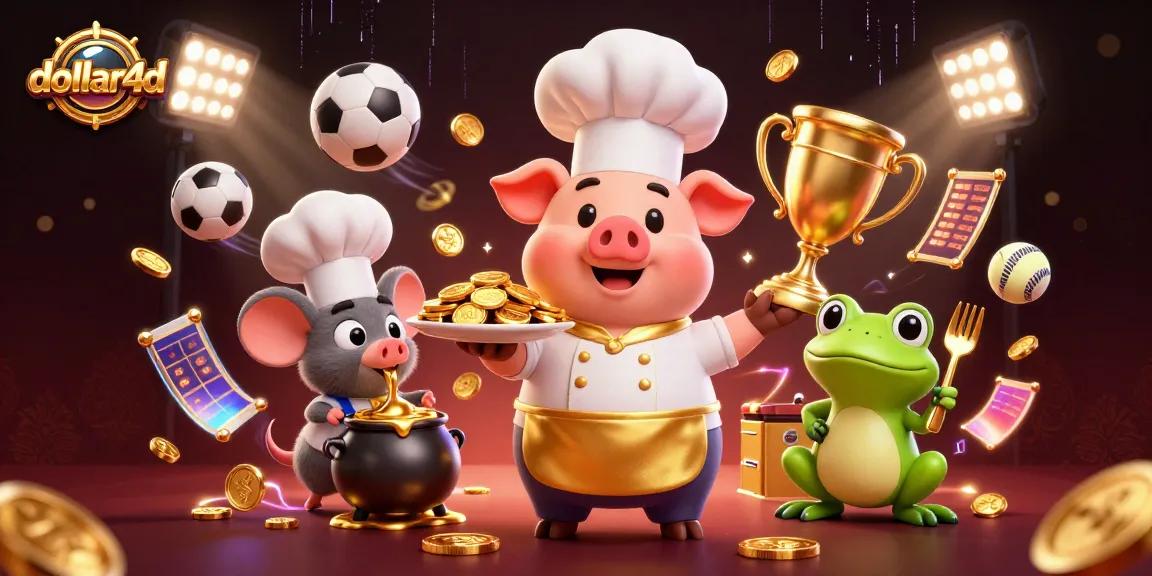 Bet on dollar4d as the chef pig serves gold coins amid dynamic sports action.