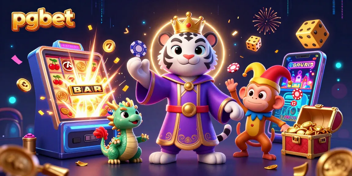 PGBET hadir dengan ilustrasi kasino yang menampilkan harimau putih dan kera emas dalam suasana magis.