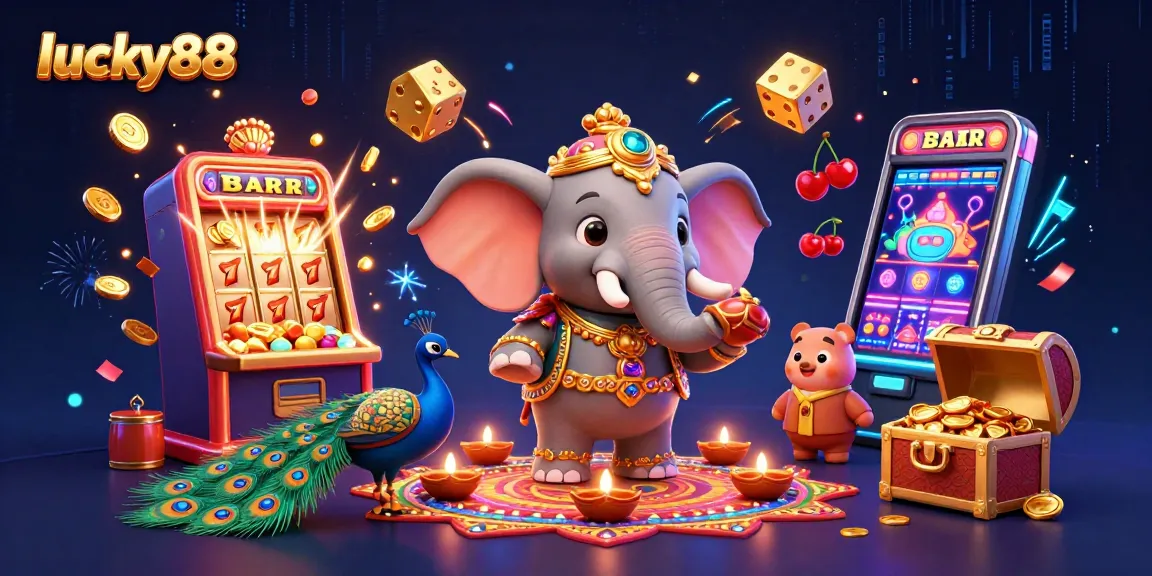 Experience thrilling action at lucky88 with an exciting 3D casino illustration featuring an elephant, slot machine, and colorful gaming elements.