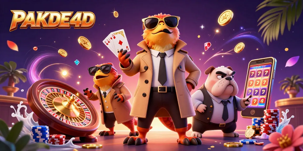 Engage with PAKDE4D in a vibrant casino scene featuring playful raptors in a trench coat and a bulldog bouncer.