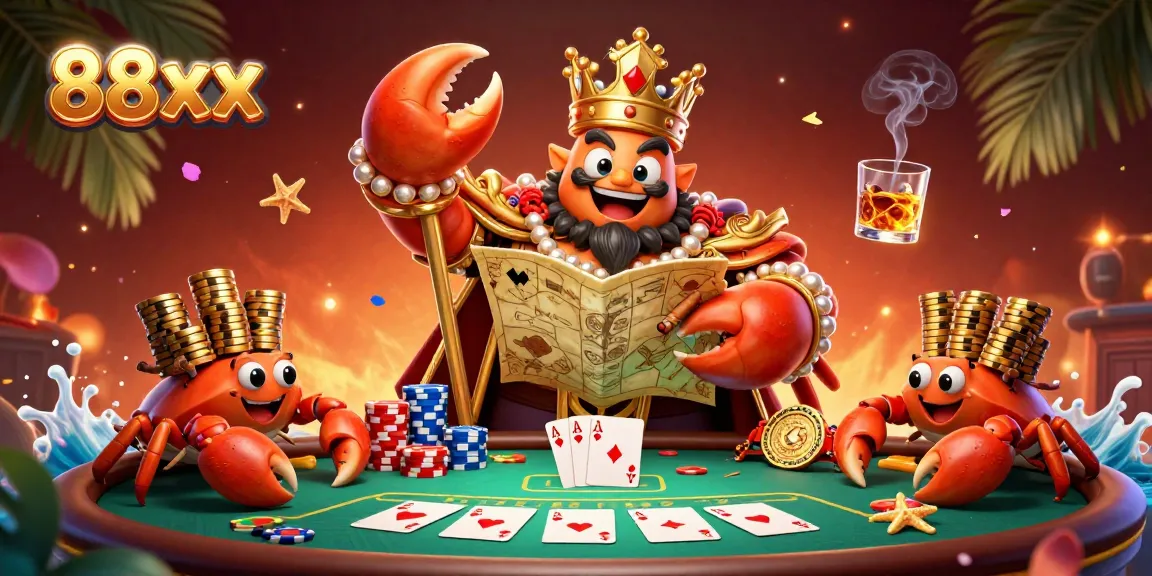 Engage in thrilling poker action at 88xx with a vibrant visual of a golden crab emperor surrounded by chips and cards.
