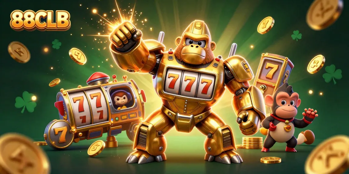 Experience thrilling slots with 88CLB's golden gorilla mech bursting with winning coins.