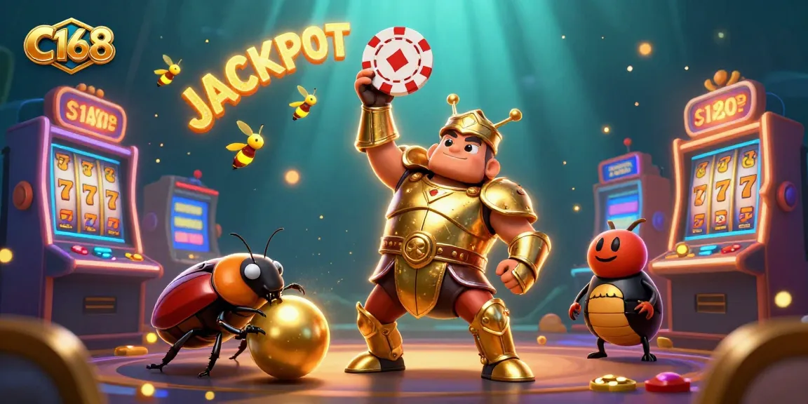 C168 summons jackpots with a victorious beetle in golden armor, surrounded by colorful slots.