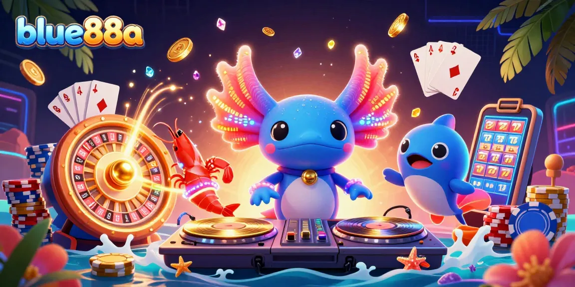 Witness the excitement of blue88a with a vibrant casino scene of axolotl DJ and friends.