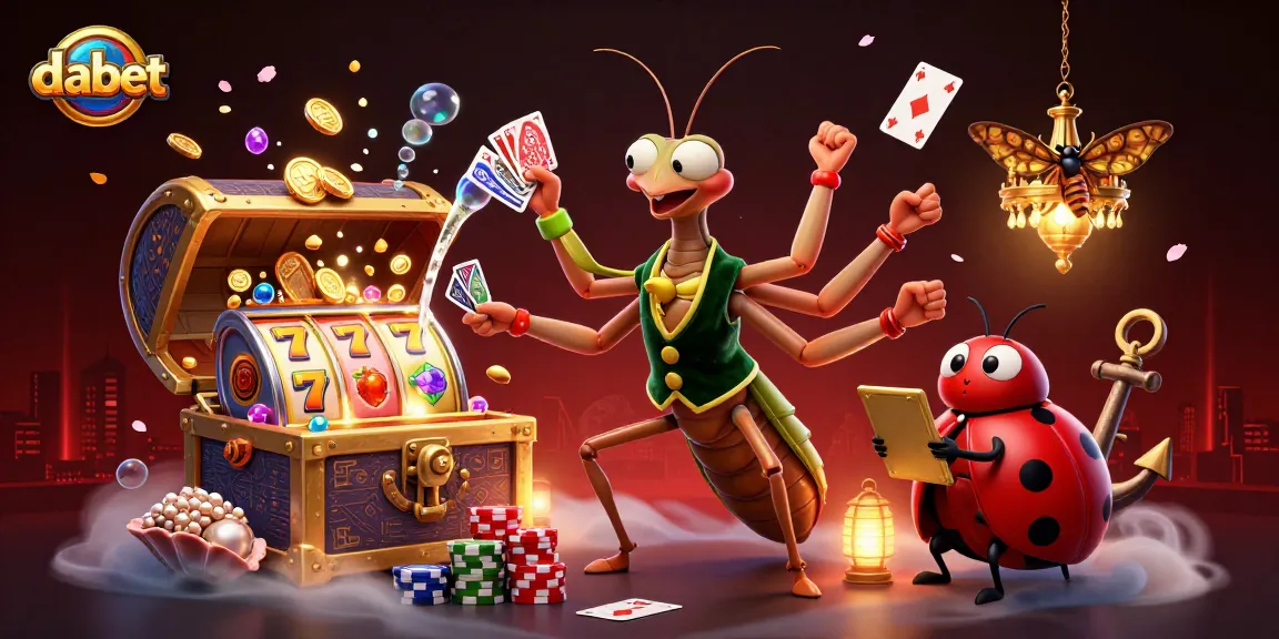 Dabet champions a vibrant casino scene with a giant mantis and ladybug managing games amidst fortune and excitement.