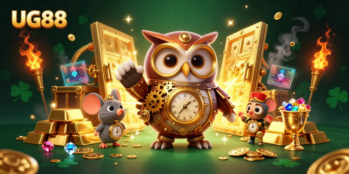 Experience thrilling wins at UG88 with a time-traveler owl among riches and vibrant casino elements.