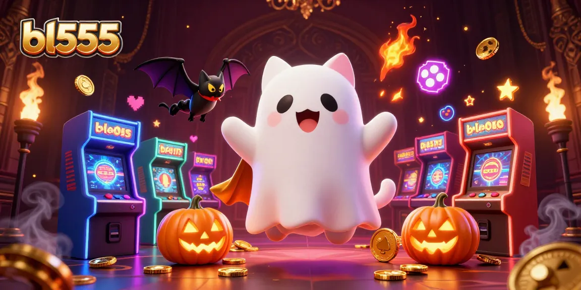 Experience captivating gameplay at bl555 with a friendly ghost cat and vampire bat in a haunted casino environment.
