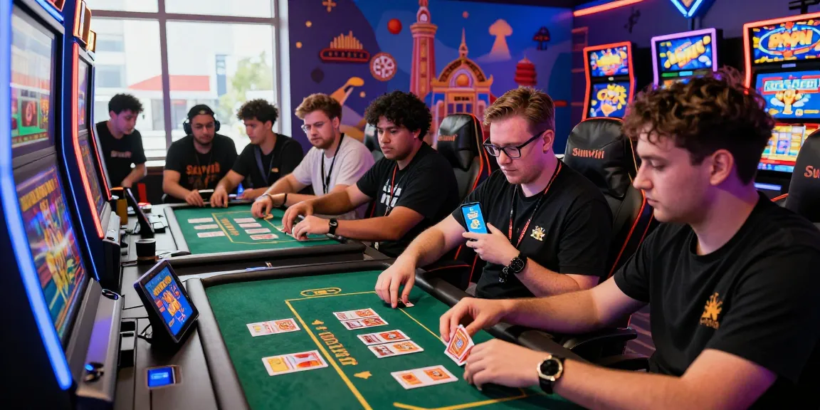 Players enjoying various casino games like Sunwin slots and card games in a vibrant online gaming environment, showcasing excitement and community.