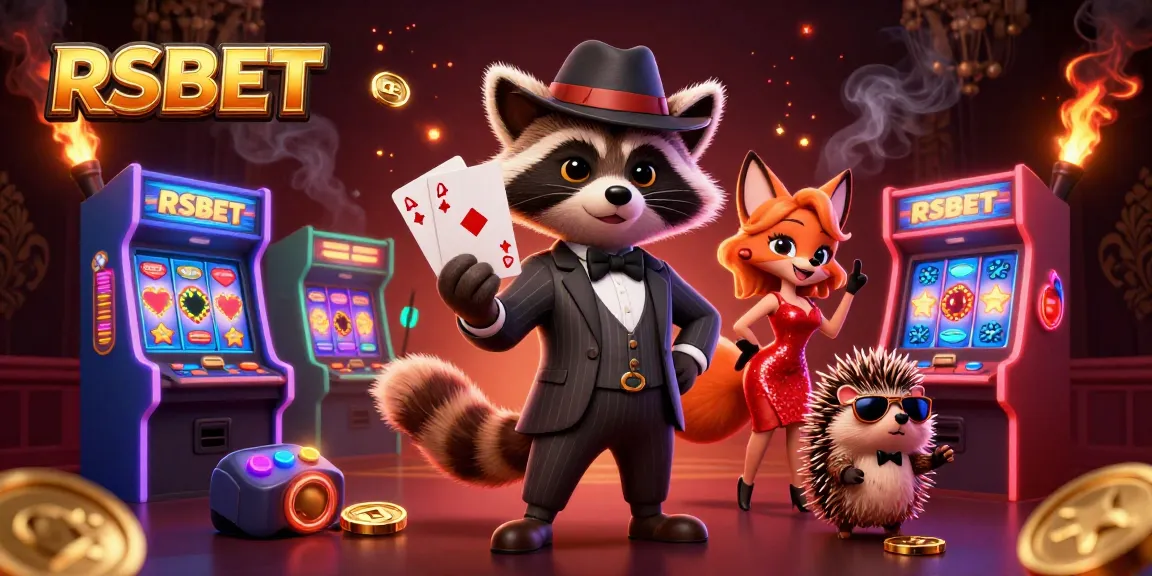 Experience thrilling gaming at RSBET with a suave raccoon and dazzling companions in a vibrant casino.