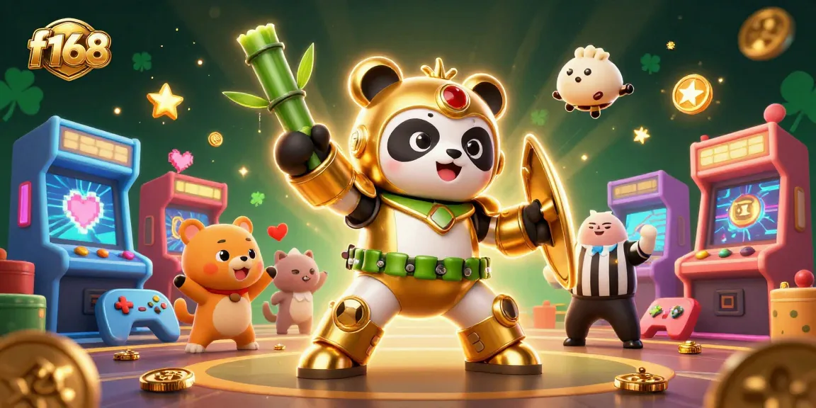 Experience thrilling gameplay at f168, featuring a golden panda piloting a casino robot amidst arcade action.